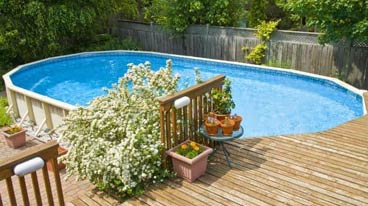 This image shows a wooden pool deck.