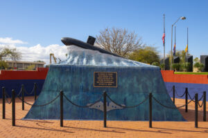 This image shows a monument of a submarine in Downtown Phoenix.