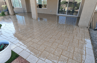 Paver sealing This image shows a pool deck made up of pavers